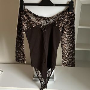 Miss Selfridge Vintage Lace Sweetheart Front Brown Bodysuit